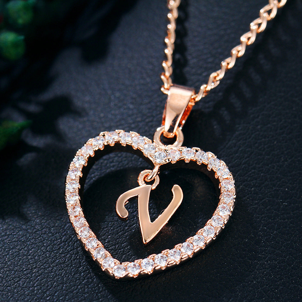 26 Letters Heart-shaped Zircon Pendant Necklace Stainless Steel Gold Color Chains Jewelry Birthday Gift For Women